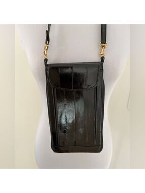 CROSS BODY Small Eel Skin Look Wallet Bag Shiny Black Zip Around Travel Festival